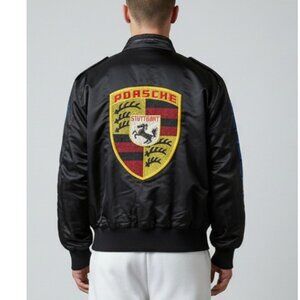 Porsche Stuttgart 1980's Vintage Style Auto Satin Bomber Jacket Men's Medium